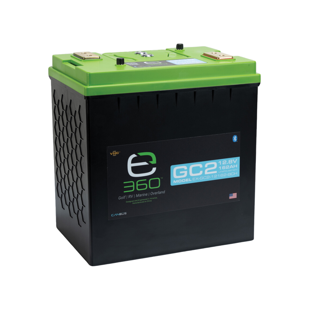 A black 12V 162Ah GC2 SmartTalk™ & VHC™ lithium iron phosphate battery with a green lid, labeled with the brand Expion360.