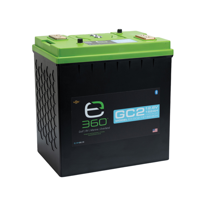 A black 12V 162Ah GC2 SmartTalk™ & VHC™ lithium iron phosphate battery with a green lid, labeled with the brand Expion360.