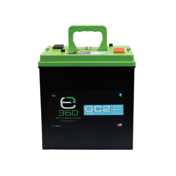  Front View of the Expion360 12V 162Ah GC2 LiFePO4 Lithium Battery with high-density 4.5Ah cells and Bluetooth monitoring.