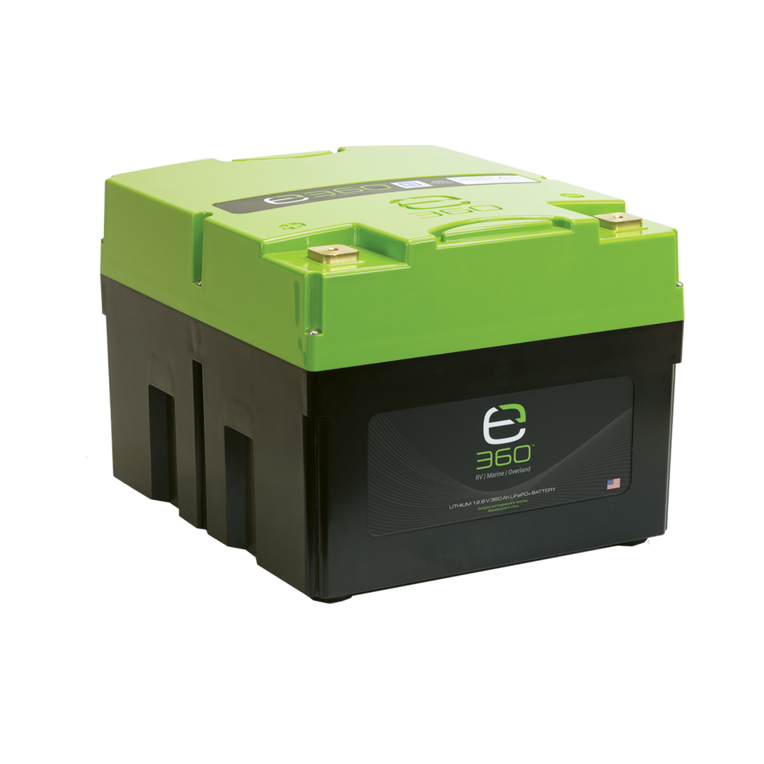 A green and black 12V 368Ah EX1 battery from Expion360 designed for high performance in RVs, marine, and off-grid applications.