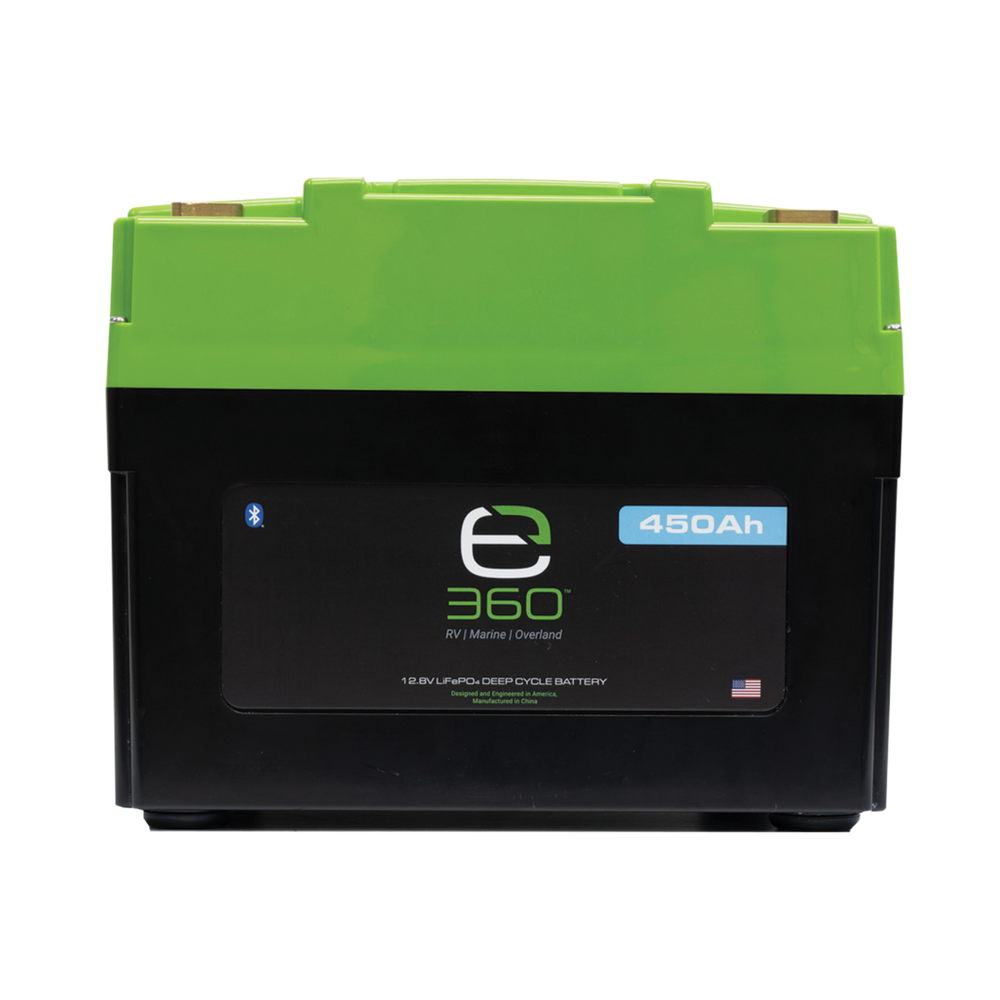 Front view of the Expion360 12V 450Ah EX1 Extreme Density LiFePO4 Lithium Battery with Bluetooth monitoring and integrated mounting.
