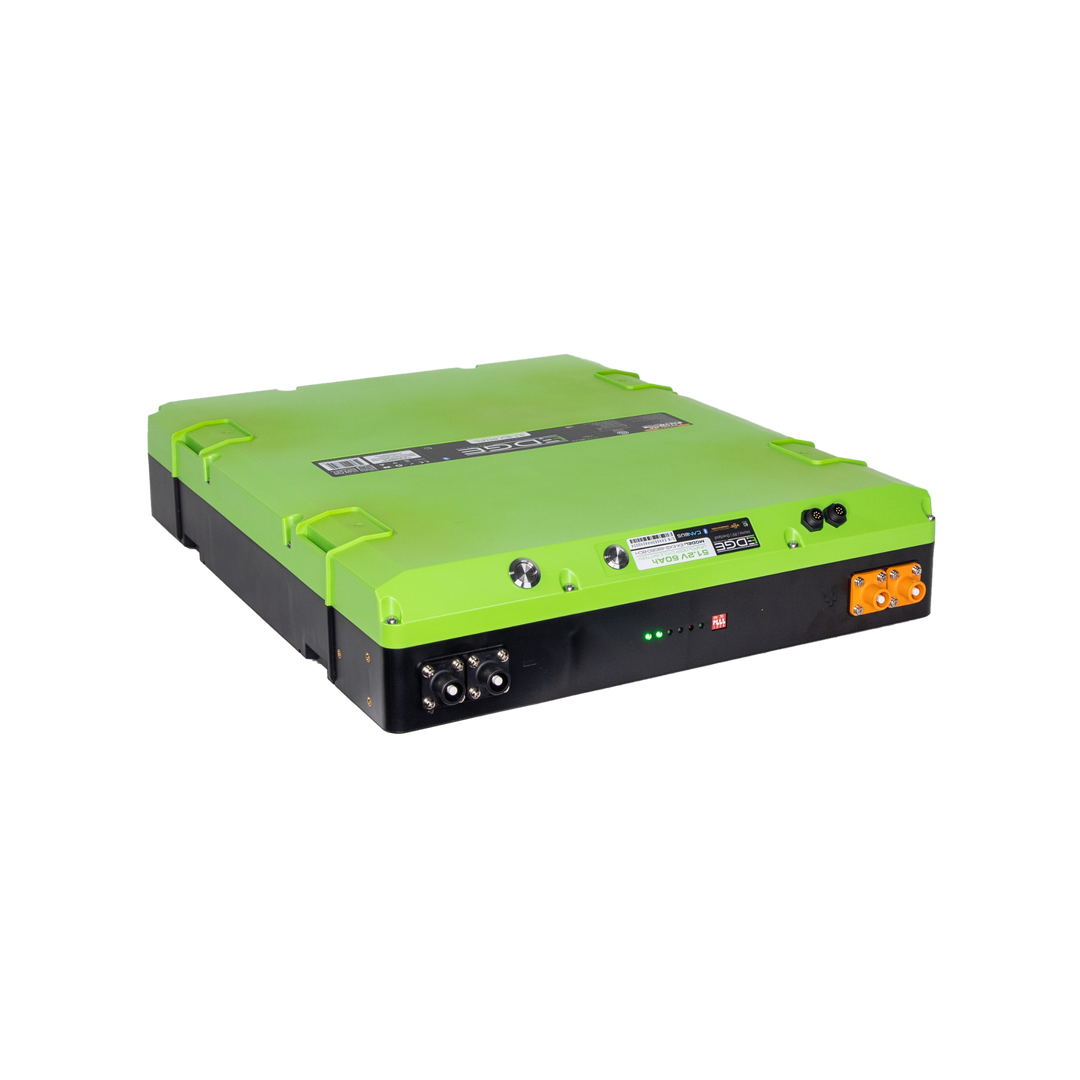 A green and black Expion360 51.2V 60Ah VHC Edge Battery with a slim custom form factor and various ports on the front.