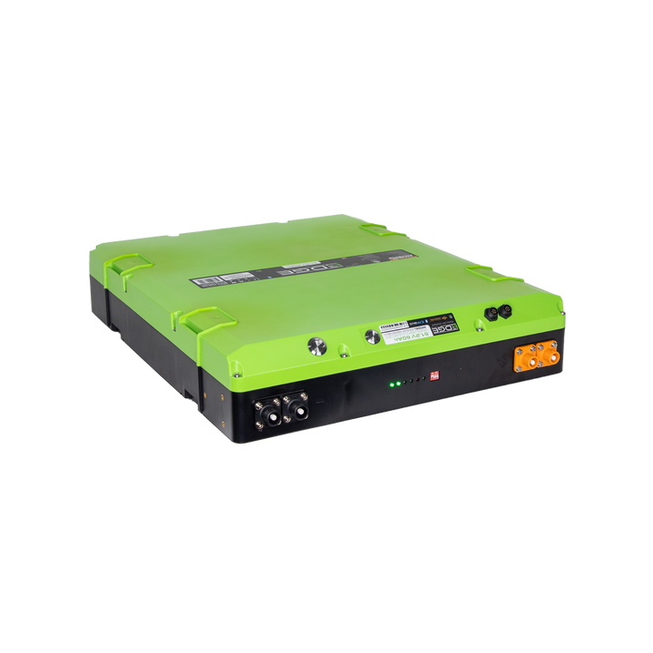 A green and black Expion360 51.2V 60Ah VHC Edge Battery with a slim custom form factor and various ports on the front.